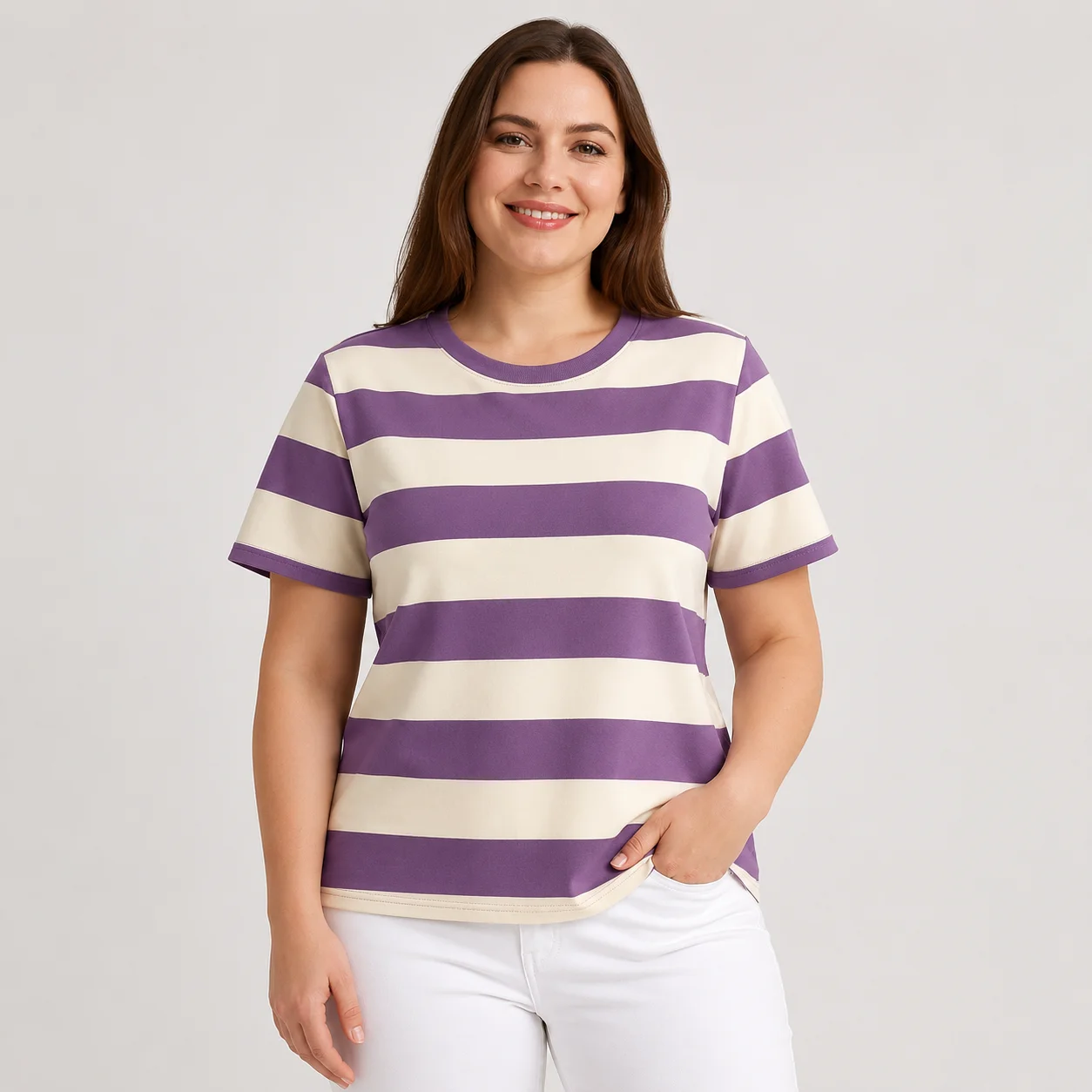 EOENKKY Women Plus Size Striped T-Shirt Cotton Blend Short Sleeve Crew Neck Casual Summer Tee Regular Fit Tops M-3XL