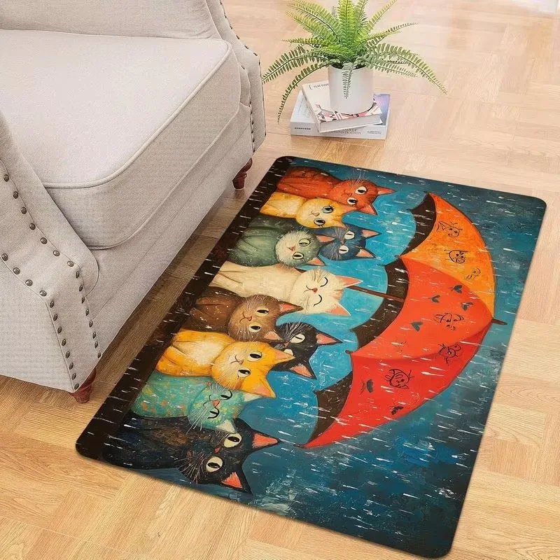 Cute Cats Under Umbrella Doormat Non Slip Entrance Floor Mat Rainy Cartoon Kitten Animal Front Door Home Decor Rug
