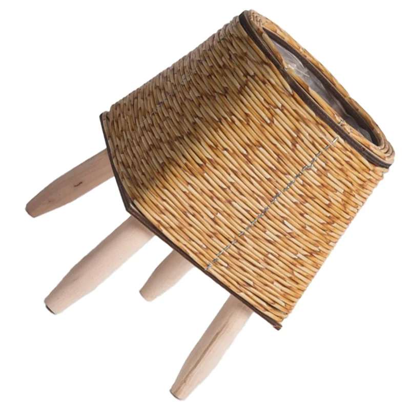

AB11-2X Vintage Imitation Rattan Woven Flower Shelf Planters Handmade Storage Basket With Wooden Legs Plant Pot Stand,C
