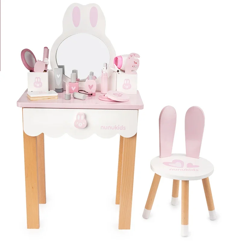 Juego de tocador de conejito de madera para niños y niñas, juguetes de silla con espejo, gran oferta