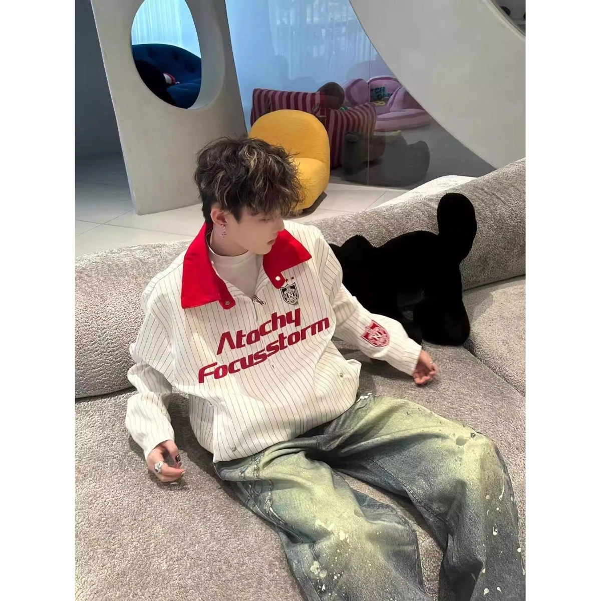 

Ретро-американская бейсбольная куртка в цветную полоску, свободного кроя, с воротником, весенне-осенняя, модная, для пар, верхняя одежда из полиэстера