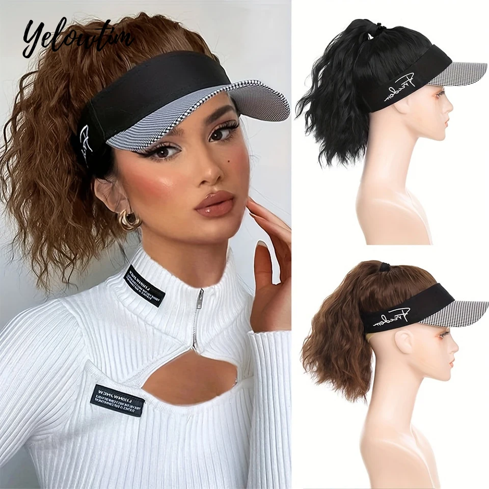 

Hat Wigs 16 Inch Synthetic Curly Wavy Ponytail Wigs With Houndstooth Empty Top Hat For Women Daily Party Use Spring Summer Wig