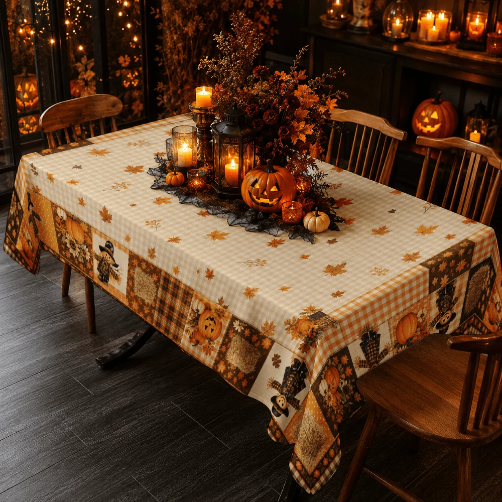 1pc  Fall Harvest Tablecloth Rustic Farmhouse Maple Pumpkin Print Table Cover for Dining Room Kitchen Party Decor