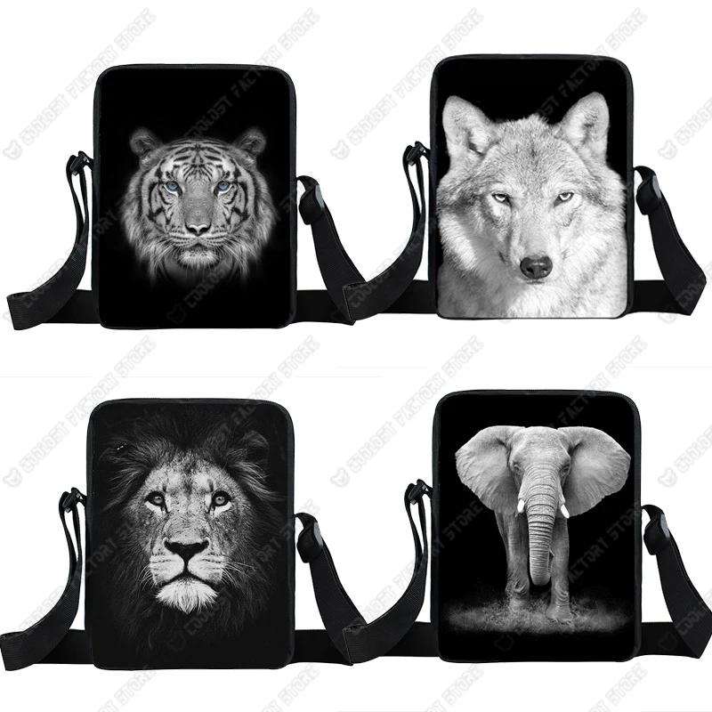 Black White Animals messenger bag lions Tigers shoulder bag mans Crossbody Shoulder bag  Messenger Bag Small Casual handbag