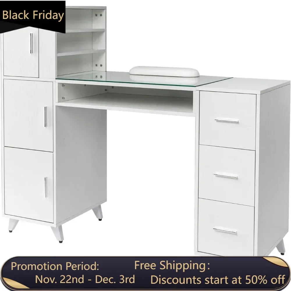 Nail table with glass top and wrist rest, 3 side cabinets+3 drawers+3 open cabinets+1 open drawer