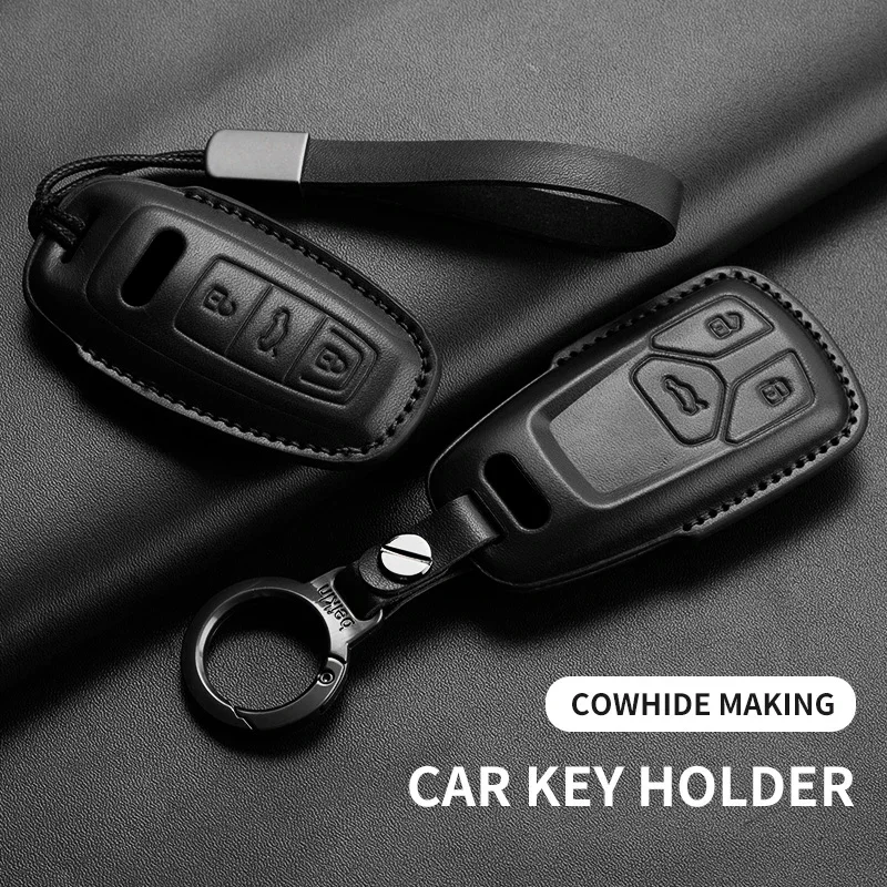 

Leather Car Key Case Cover For Audi A4L A5 Q7 TT TTS A3 A4 B9 A6 A7 4K A8 E-tron Q5 Q8 C8 D5 SQ8 Car Cowhid Keychain Accessories