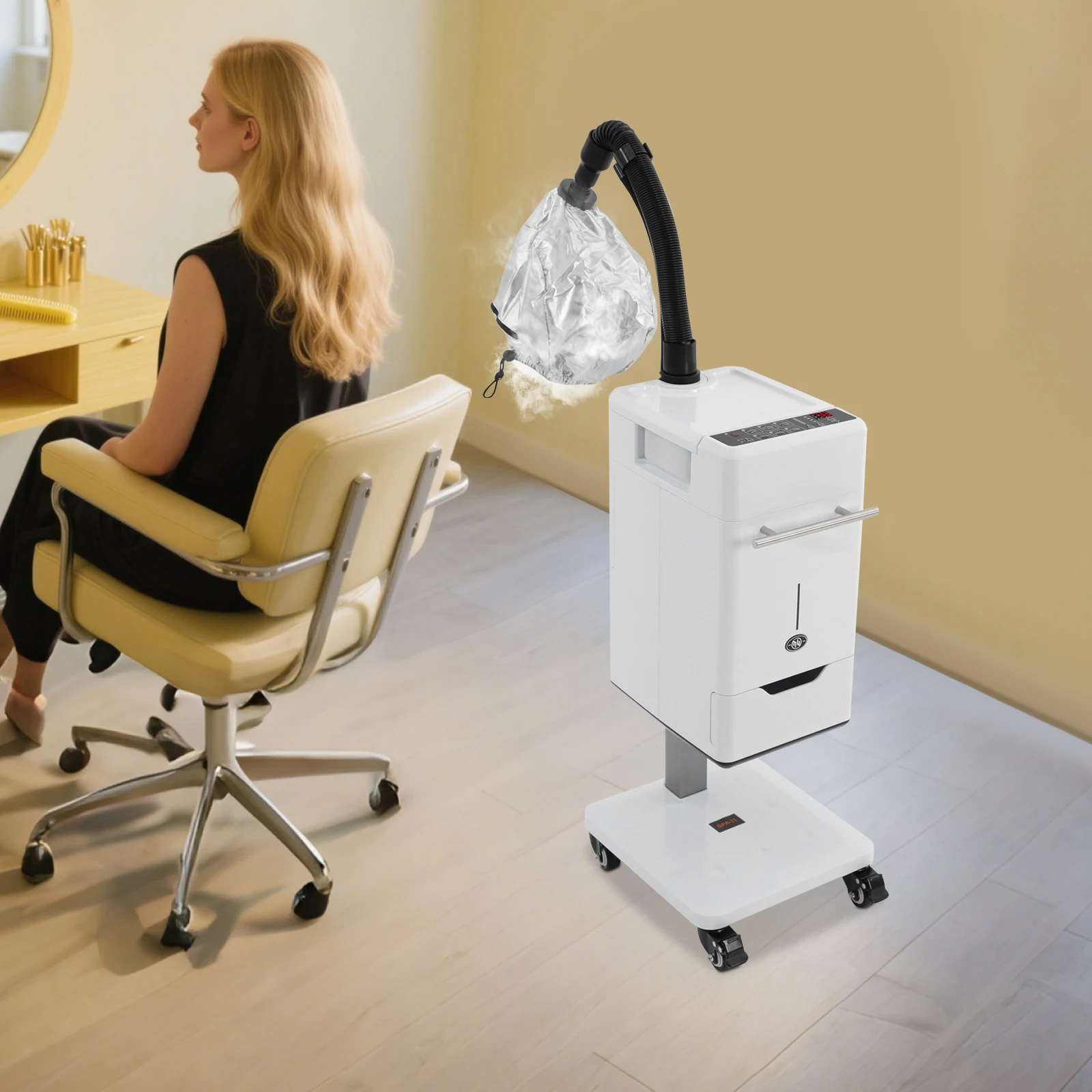 

Nano Hair Steamer 500W,6 Modes Perming/Coloring, Split Ends Repair, Adjustable Temp/Mist, Wheels & Large Tank for Home/Salon Use