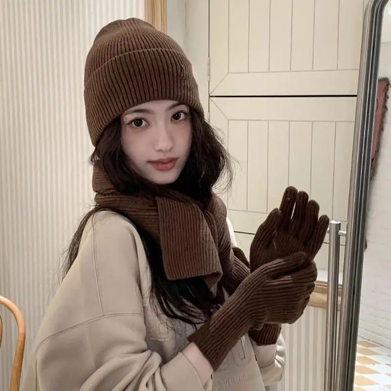 تصميم بسيط بلون محبوك قبعة وشاح قفازات مجموعة لينة الشتاء الملحقات تريكو مجموعة للبالغين المراهقين الزي اليومي Y08E #5