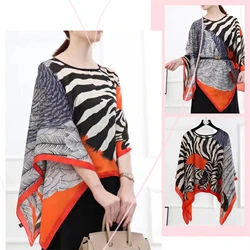 110Cm Square Shawls Summer Beach Sexy Women Fashion Print Silk Smock View Cover Up Loose Blouse Sunscreen Comfortable Poor Nchoh