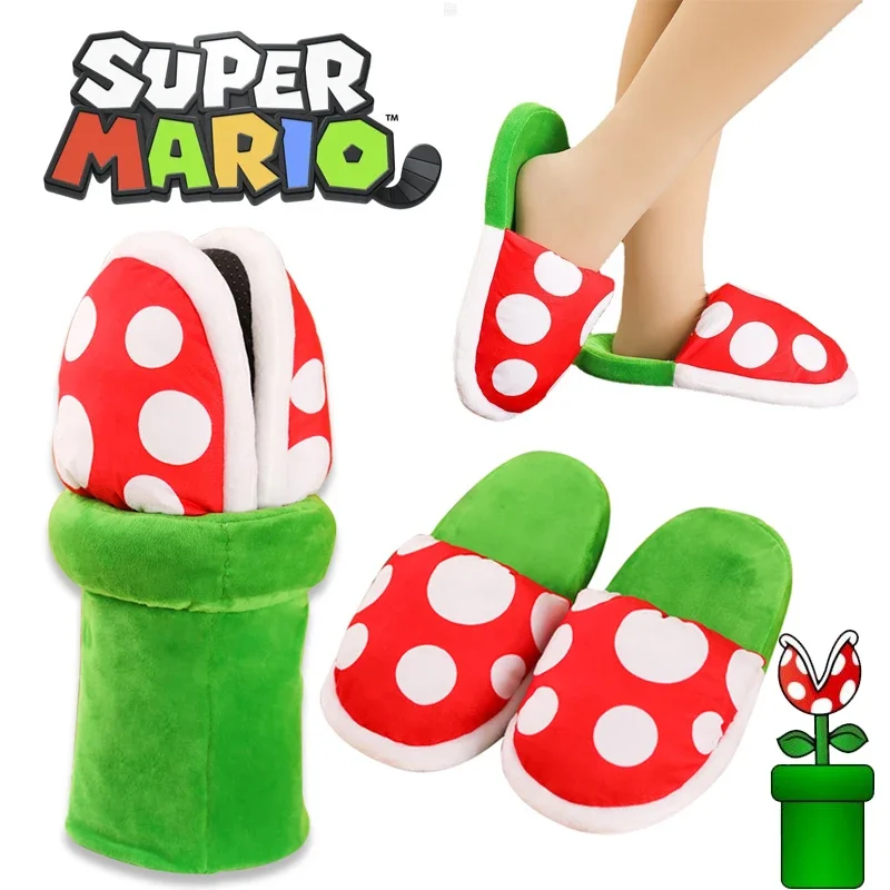 Super Mario Cannibal Flower Plush Slipper Cartoon Warm Anime Men Women Home Slippers Non-slip Floor Shoes Couple Cotton Slippers