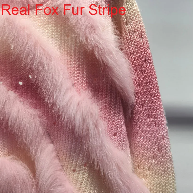 2024 Women Fur Trim Knitted Pullover Tops Short Long Sleeve Lovely Real Fur Striped O-neck Sweaters