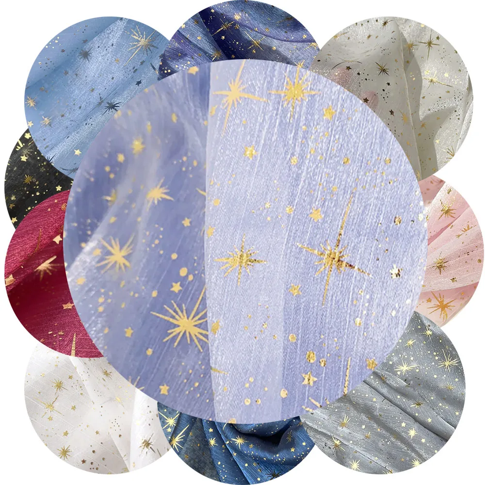 150x50cm Glitter Golden Gilded Wrinkle Sheer Crepe Star Moon Fabric DIY For Dress Wedding Decor Black White Blue Pink Organza