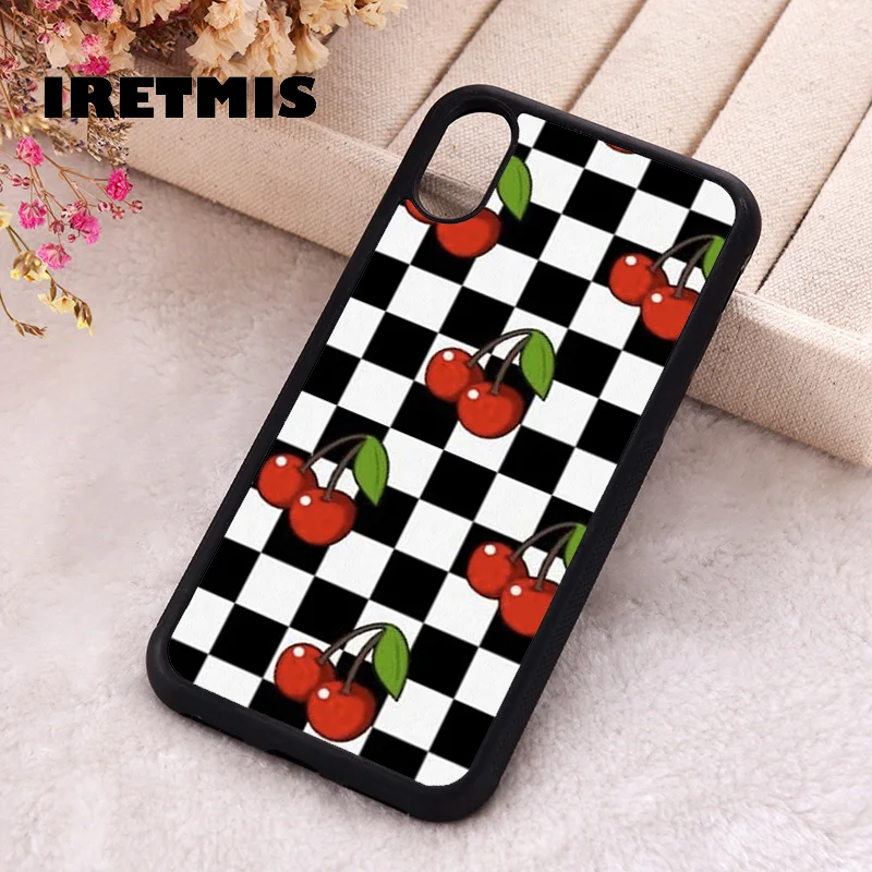 Iretmis Phone Cover Cases For iPhone X XS Max XR 11 12 13 PRO MINI 14 15 16 Plus Rubber Silicone Checkered Cherry