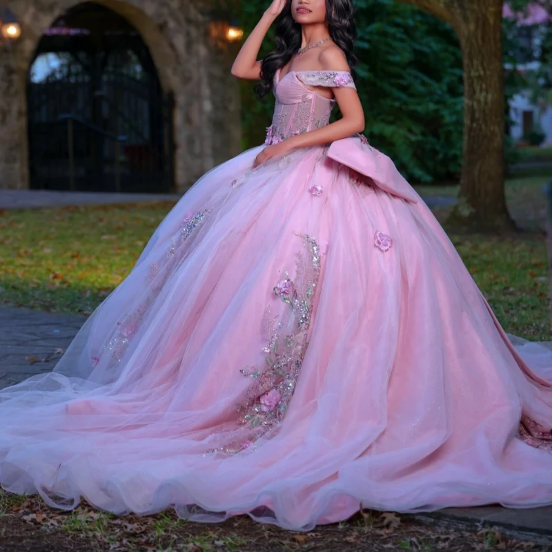 

Pink Shiny Quinceanera Dresses Off The Shoulder Sequin Applique Flower Beading Crystal Bow Tull Party Birthday Sweet 16 Dress