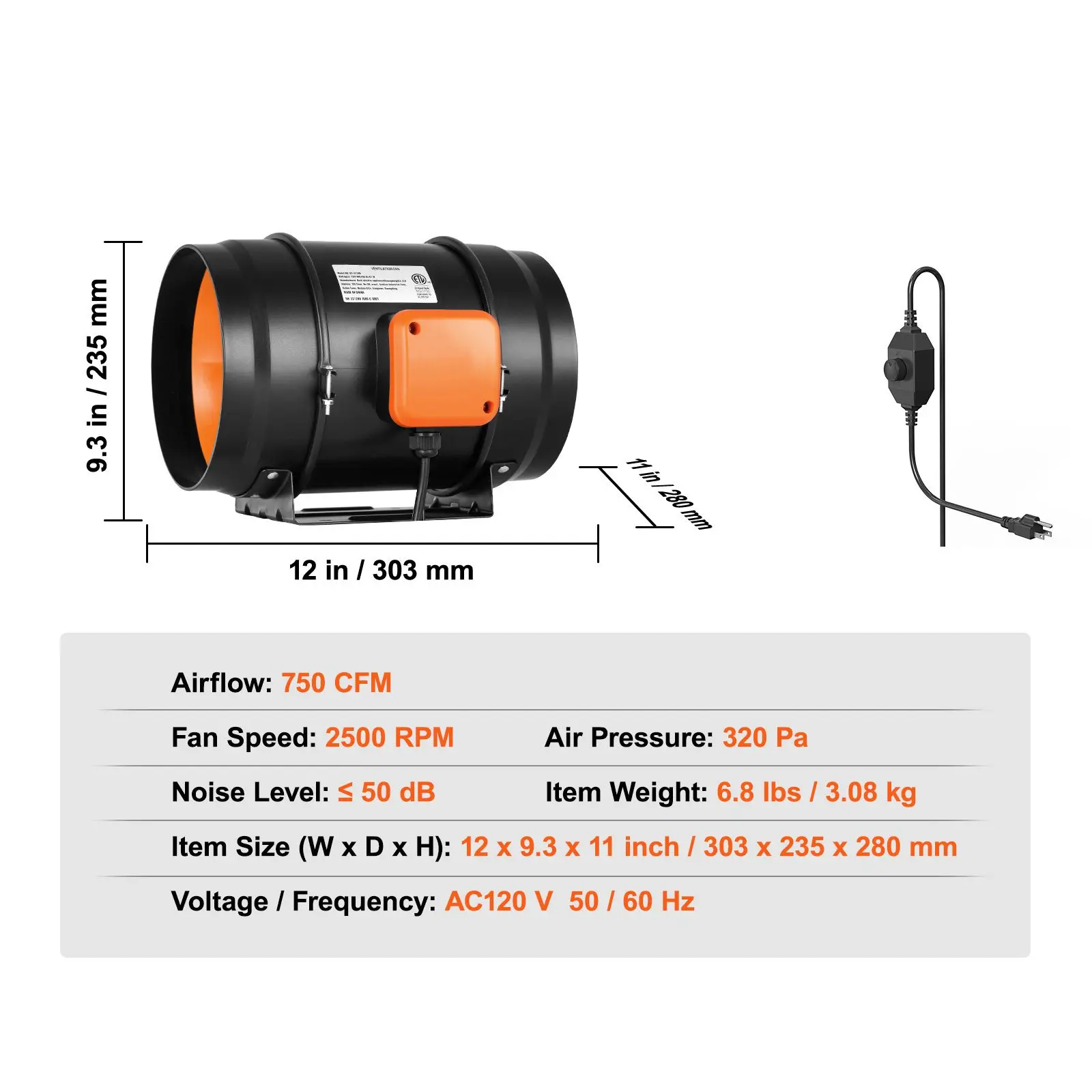 Inline Duct Fan, 8-Inch 750 CFM with Variable Speed Controller, Quiet AC-motor Ventilation Exhaust Fan for Cooling Booster, Grow Tents, Hydroponics