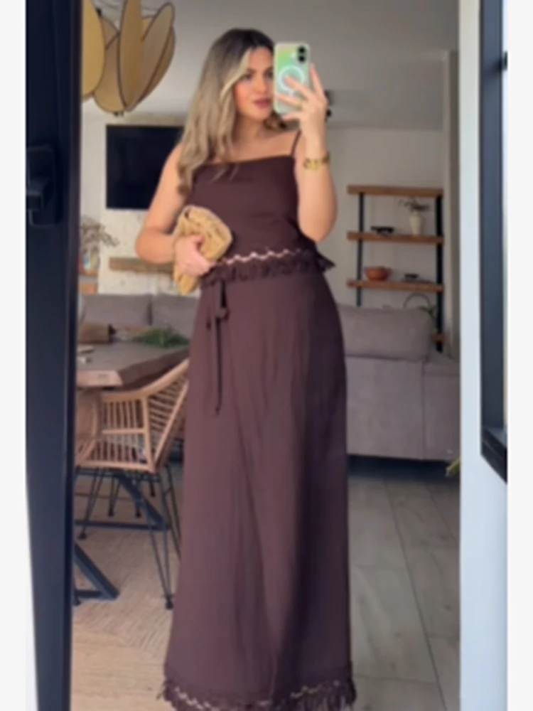 

Solid Color Suspender Skirt Set Tassel Lace Up Sleeveless Backless Sexy Suspender Slit Long Skirt 2-piece Set Cusual Date Outfit