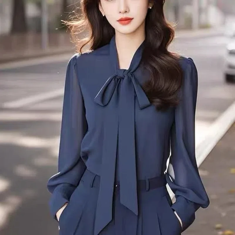 

Temperament Bow Lacing Loose Blouse Women Clothing Spring New Thin Long Sleeve Solid Elegant Shirt Tops Fashion Vintage Trend