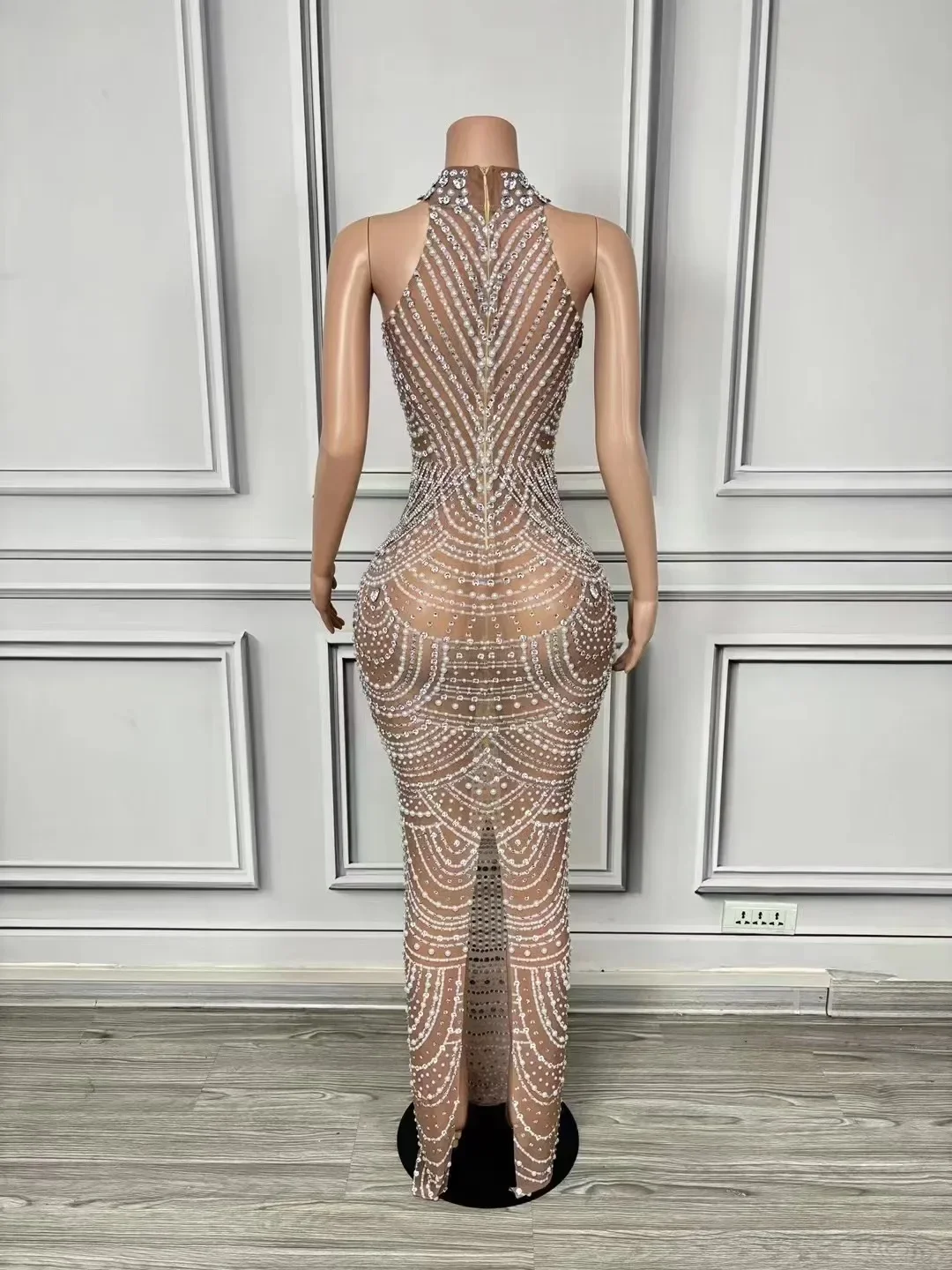 Luxury Pearl Chain Rhinestones Long Dress Women Sexy Mesh Dress Singer Stage Wear Wedding Birthday Drag Queen Photoshoot Dress