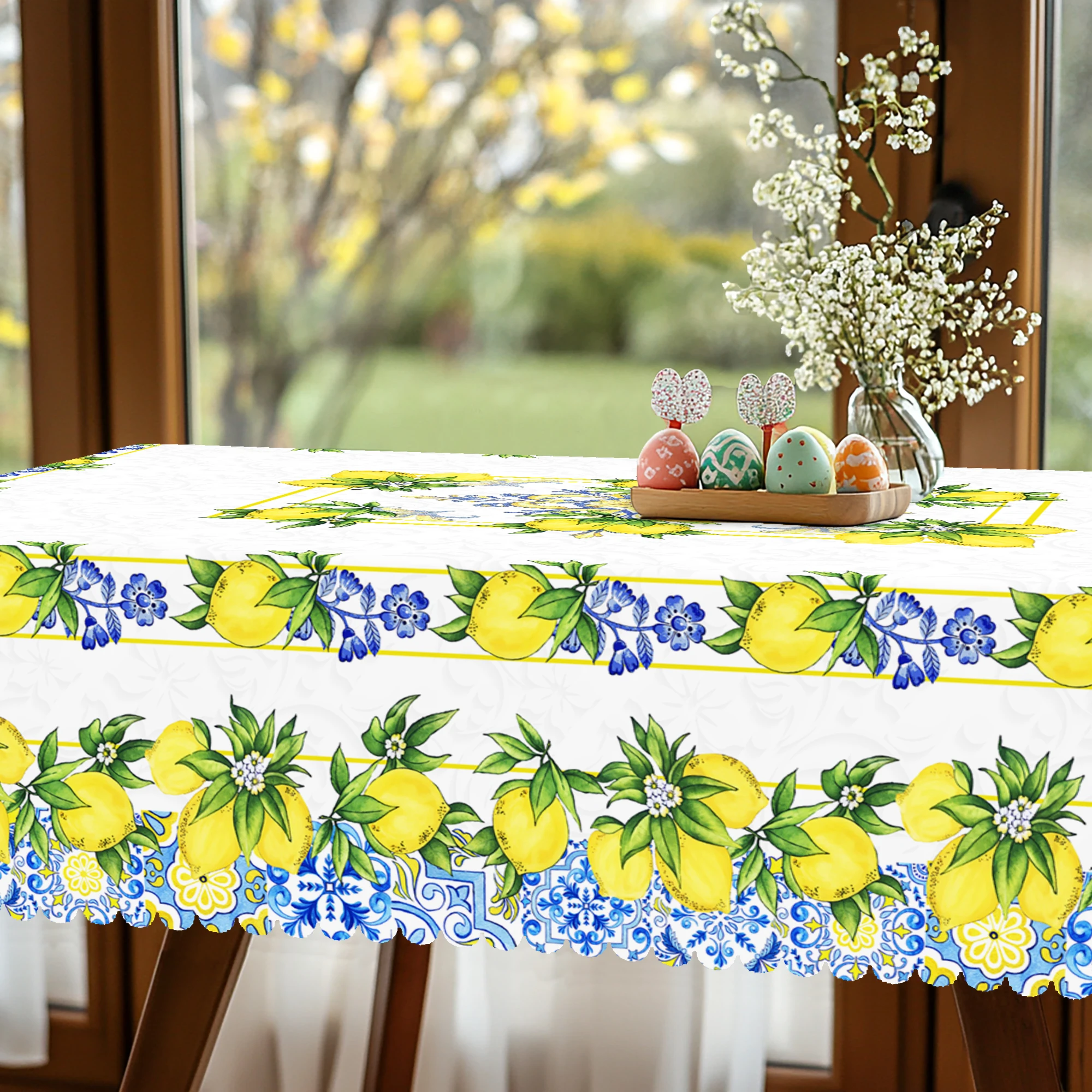 1 Piece of Retro Lemon Theme Round and Rectangular Tablecloths, Multiple Sizes Available, Provence Yellow Lemon Flower Print Pattern Design, Spring and Summer, Kitchen Use, Party Tablecloths