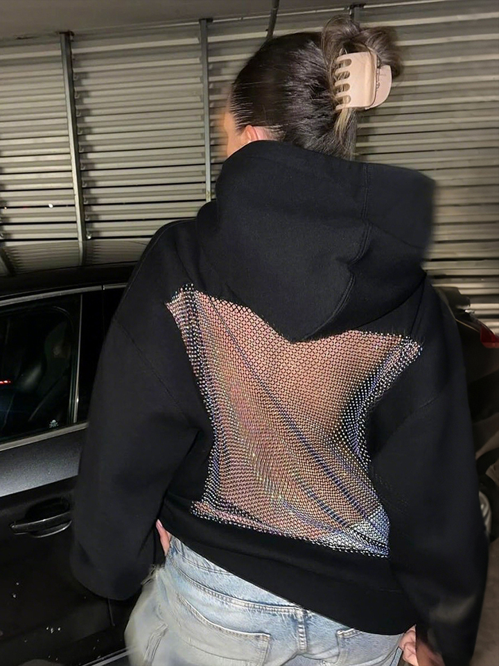  Weird Puss Harajuku Hooded Sweatshirt Women Autumn Trend Backless Glitter Mesh Patchwork Casual Streetwear Hipster Pulloverr 