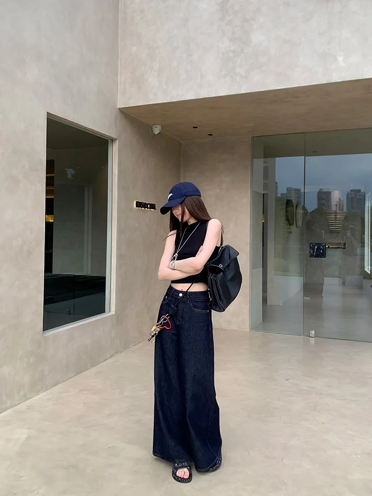 

Американские ретро-джинсы с широкими штанинами, женские, свободного кроя, темно-синие, весенне-осенние, повседневные, прямого кроя