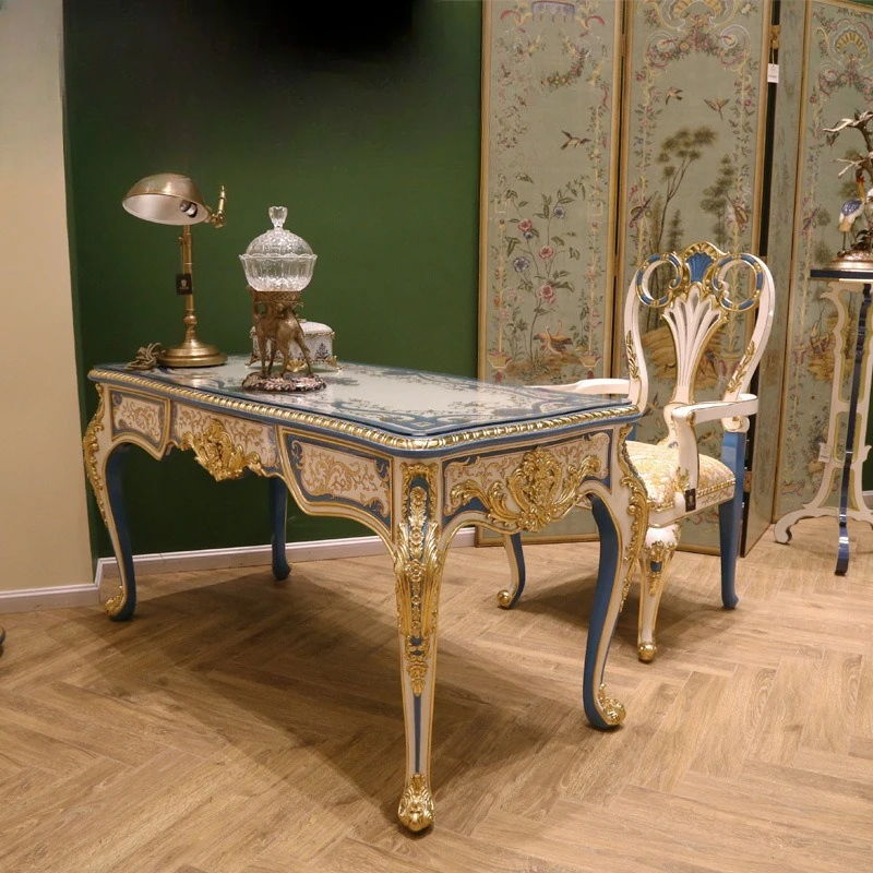 French court mahogany sticker engraved blue and white hand-painted book desk and chair study complete set of furniture