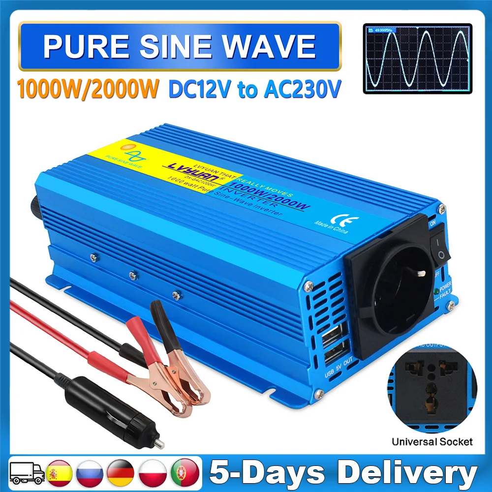 

1000W/2000W Pure Sine Wave Car Power Inverter DC 12V/24V to AC 220V Transformer Converter 2USB Ports EU/Universal Socket For RV