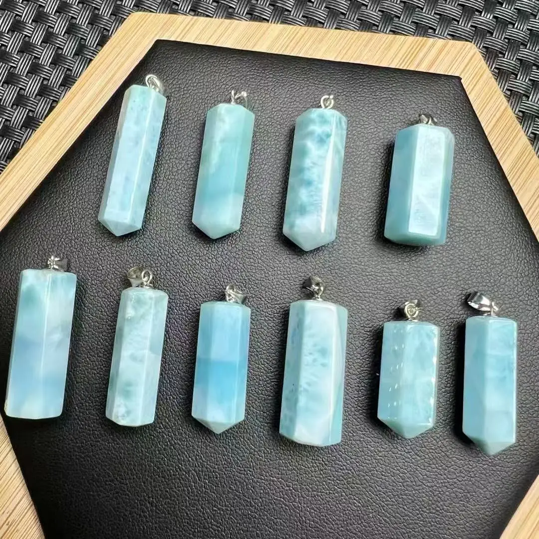 

Unit One Piece 925 Silver Inlay Natural Larimar Crystal Column Shape Pendant for Meditation