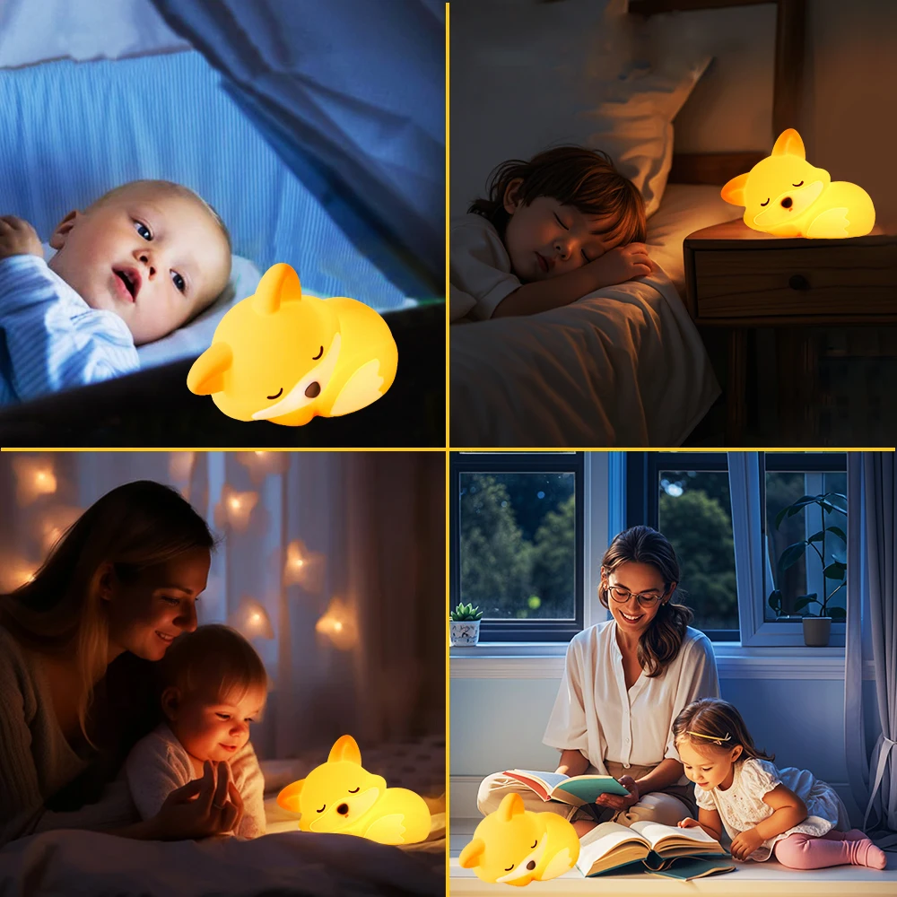 Silicone Fox Night Light Timing Squishy Nursery Sleeping Nightlight Rechargeable Touch Sensor Bedside Lamp for Gift Room Decor