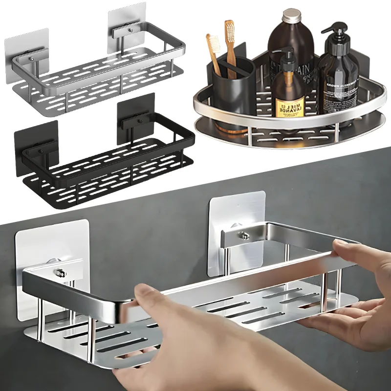 Estante de almacenamiento de champú de aleación de aluminio, organizador de almacenamiento sin taladro, accesorios de baño, estante de pared para cocina e inodoro