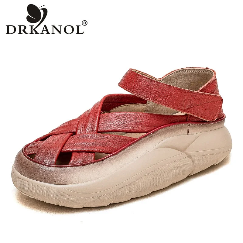 DRKANOL Fashion Summer Hollow Shoes Women Chunky Platform Sneakers Cross Genuine Leather Breathable Casual Flat Platform Shoes