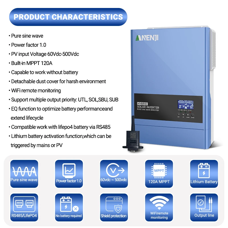 6.2KW 11KW 230VAC عاكس للطاقة الشمسية الهجين خارج الشبكة موجة جيبية نقية MPPT 120A PV 60-500VDC شاحن بالطاقة الشمسية Inversor