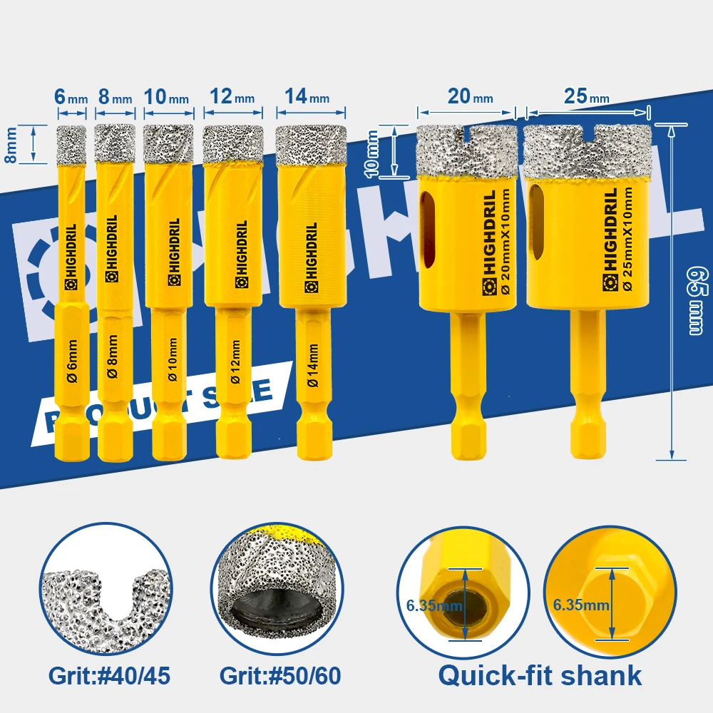 HIGHDRIL Diamond Drill Bits Quick-fit Shank Core Holes Saw For Tile Porcelain Granite Marble Diamond 6/8/10/12/14mm Hexagonal