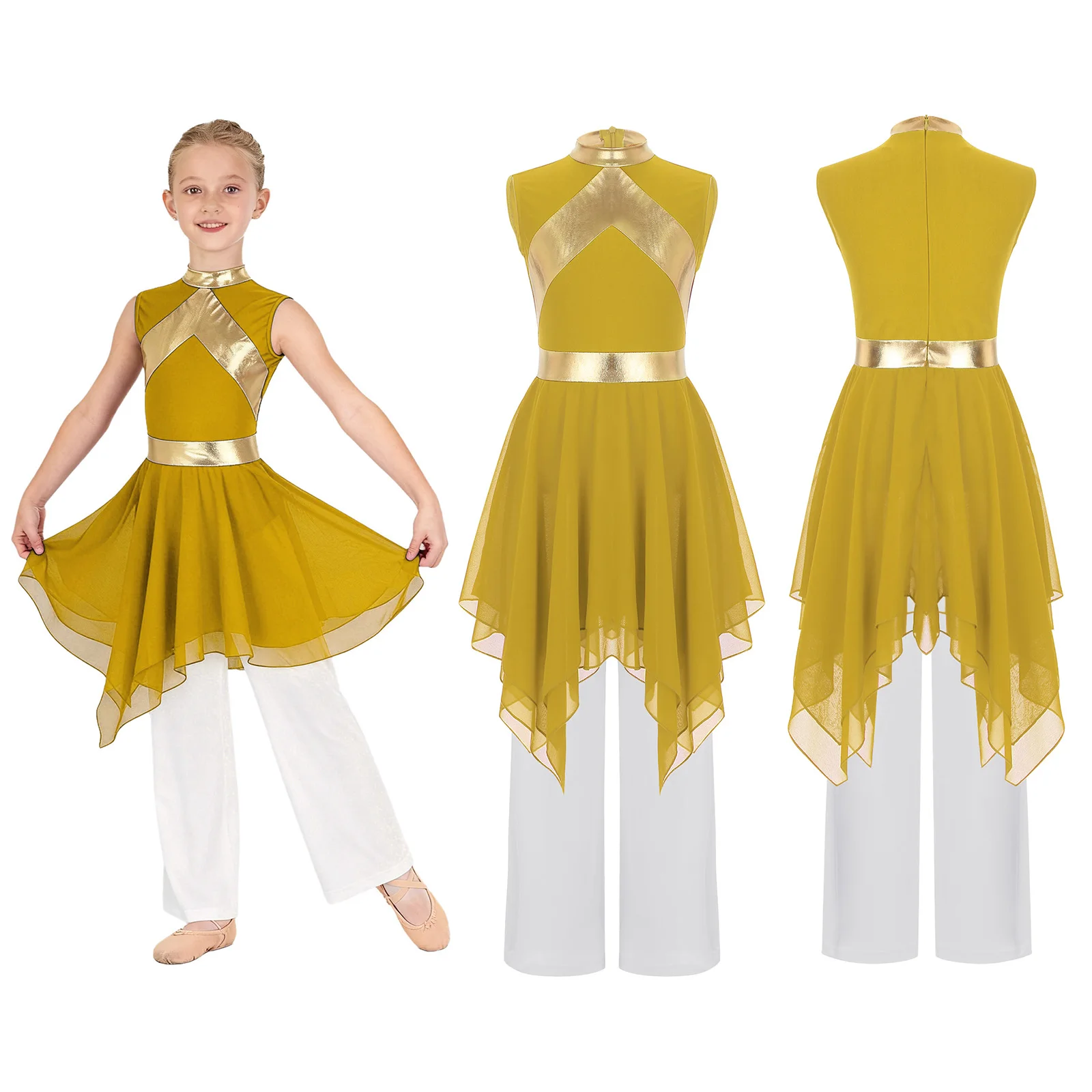 

Girls Radiant Worship Attire Metallic Contrast Color Patchwork Sleeveless Dress+Wide-Leg Pants Praise Liturgical Dance Outfit