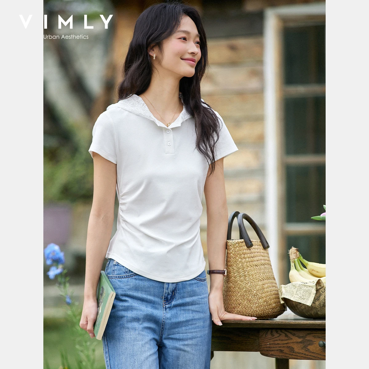 

VIMLY Lace Hooded Short Sleeve T-shirt Women Casual Tees 2025 Summer Slim Cotton Blend Tops for Woman Laides Clothes A1678