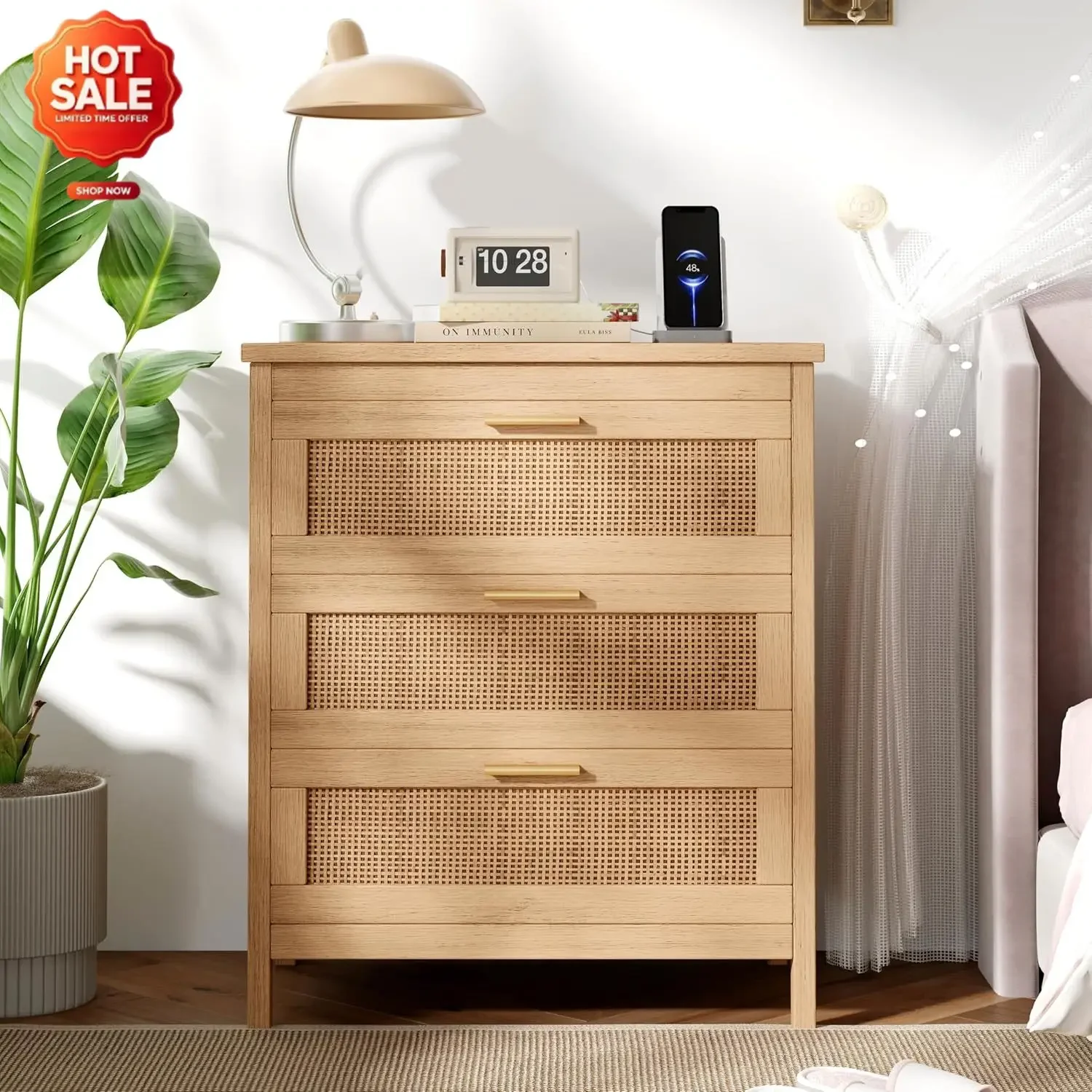 Rattan Nightstand with Charging Station and 3 Drawers, Natural | 23.6