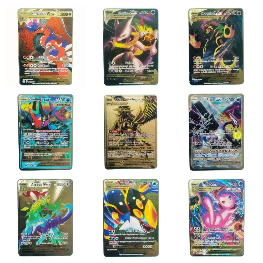 Nieuwe Pokemon Engelse Metalen Kaart Anime Pikachu Charizard Mewtwo Blastoise Vmax Glanzende Letters Spel Verzamelkaart Kids Speelgoed Cadeaus