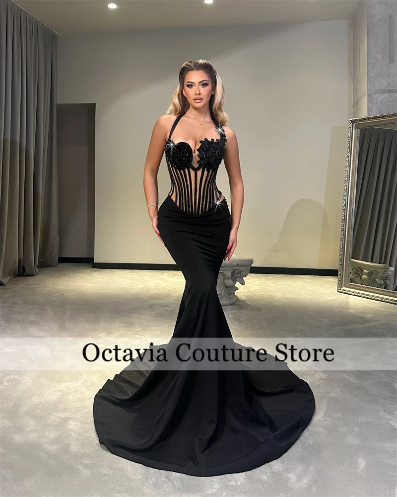 Black Halter Luxury Middle Eastern Evening Dresses Black Girl Bead Crystal 2024 Birthday Dress Mermaid Formal Gown Customzied