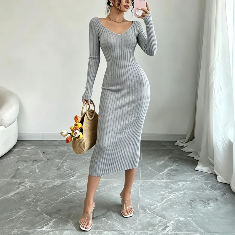 Damen Einfarbiges V-Ausschnitt Geripptes Strick-Maxikleid Elastisches Langarm-Bodycon-Kleid Damen Casual Party Modekleider – Detail 3