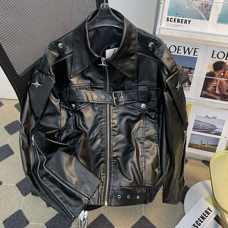 Niche deconstruction Heavy Industry leather jacket for men Spring and autumn design sense loose short motorcycle leather jacket