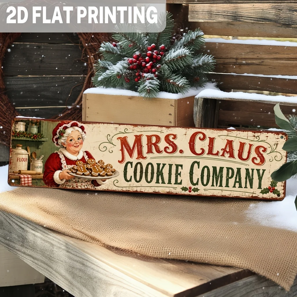 1pc Vintage Mrs. Claus Cookie Company Metal Sign, Christmas Theme Wall Decor for Kitchen, Cafe, Bakery, Holiday Party
