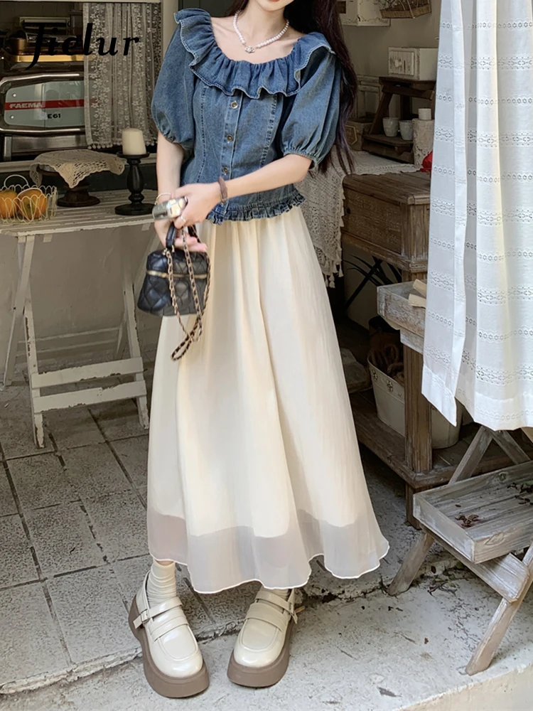 

Jielur Two Pieces Summer New Sweet Solid Color Skirts Woman Vintage Slim Slash Neck Top Apricot Fashion Casual Loose Skirts