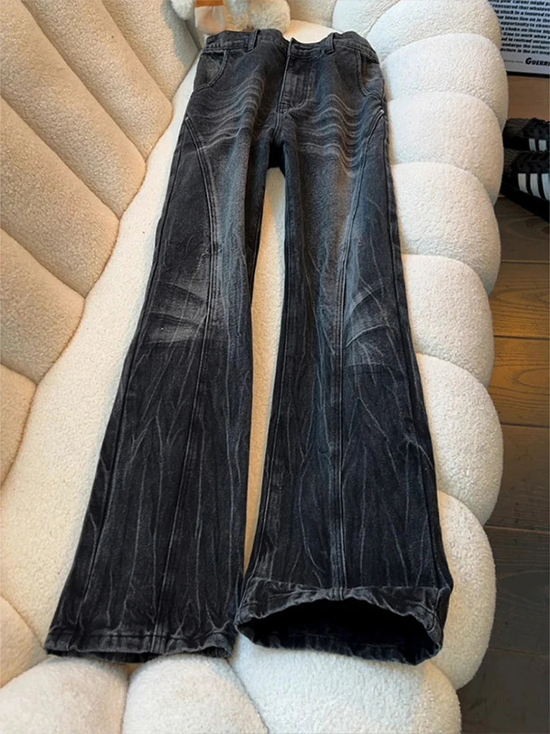 

Bla Waed Lightning Pattern Men's Slim Fit Straight Leg Jeans Knife Bell Bot mid Waist Zipper Closure Wear Resistant
