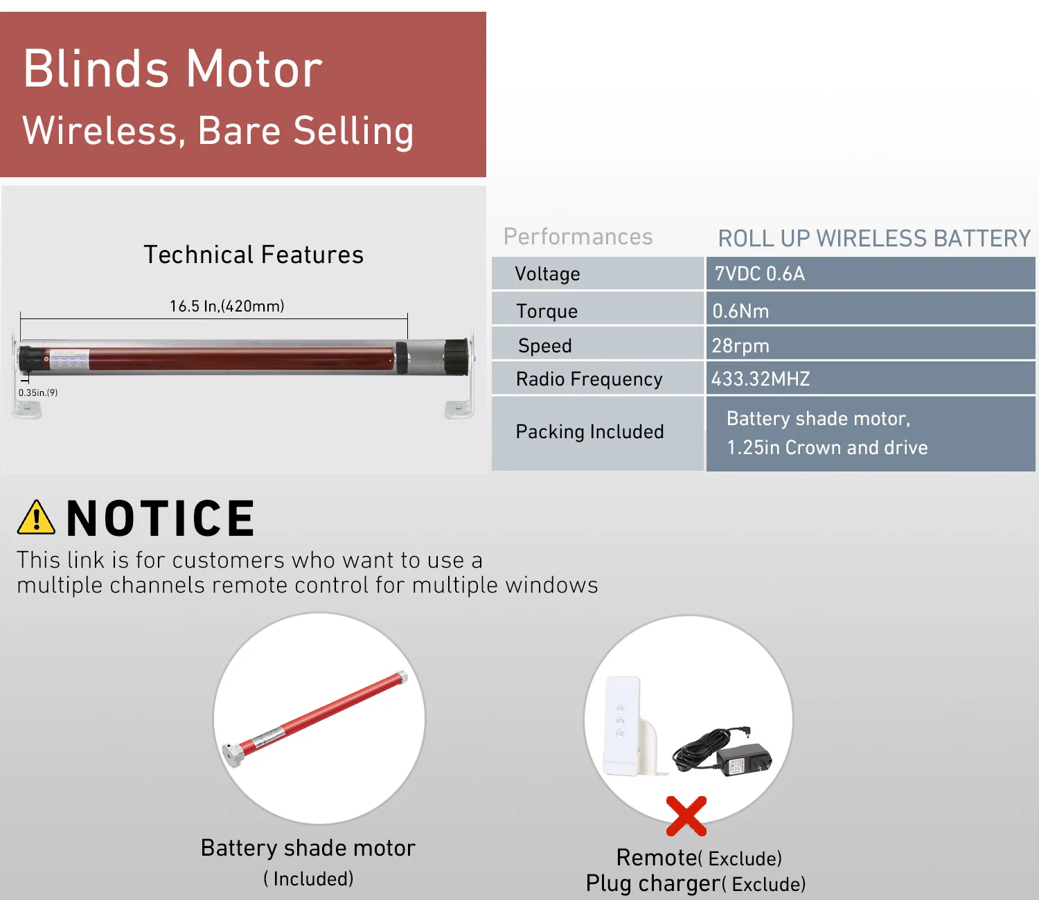 ERB22 Rechargeable Roller Shade Motor Remote Control for 28mm/32mm tubes, Plug Adapter DIY Solar Powered Smart Blinds