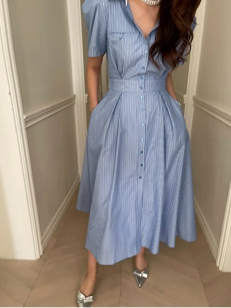 

Chic Summer Long Collar Dr Ele Color Blo Single Button Embellied Striped Pattern Luxury Sensation Dongda Gate