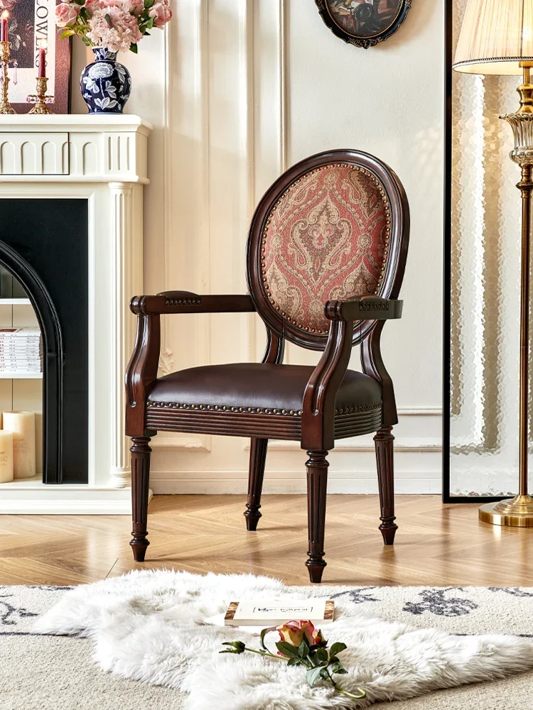 Retro writing chair leather with armrests gold silk teak dining chair villa study chair