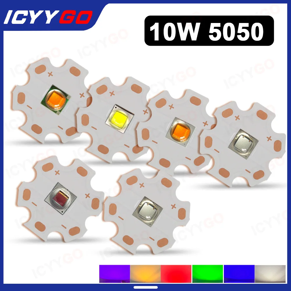 High Power 10W 5050 LED Chip White Light Warm White Red Blue Green Light Copper Base Plate 20MM Plum Blossom Shape