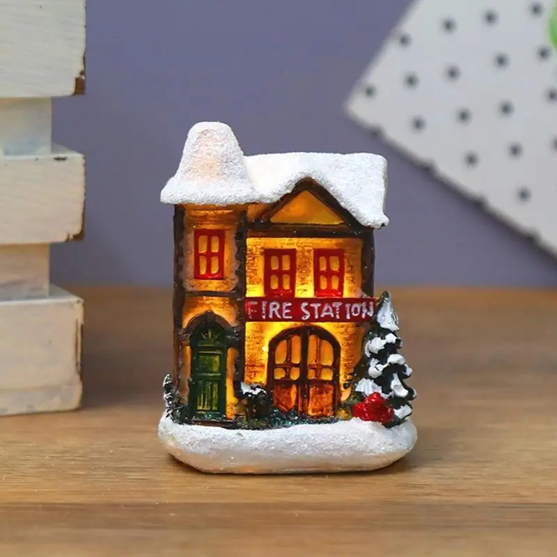 62KD Christmas LED Lighted Miniature Snow House Resin Ornament Village Scene Battery Operated Luminous Figurine Xmas Decor