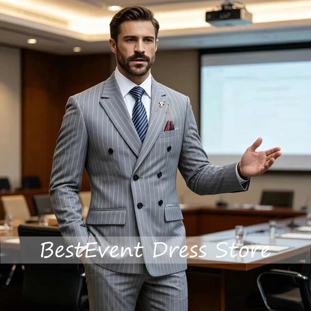 Men's Pinstripe Suit Set Classic Double Breasted Peak Lapel Slim Fit 2 Piece Blazer Pants For Business Formal Wedding Customized