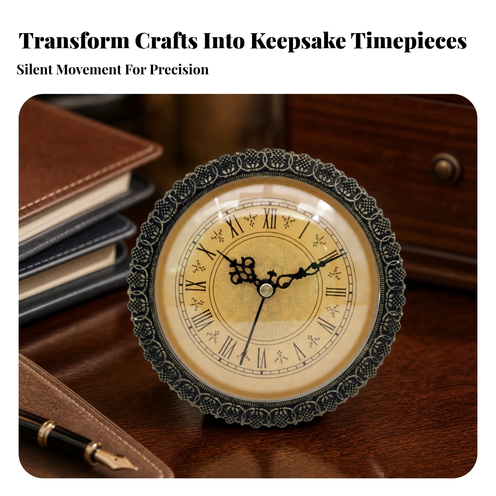 Antique-Style Quartz Clock Insert Vintage-Inspired Ornate Inset Clock with Decorative Frame Clear Cover Indoor Use Only